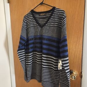 Ed Hardy By Christian Striped V-Neck Sweater - Black and Blue